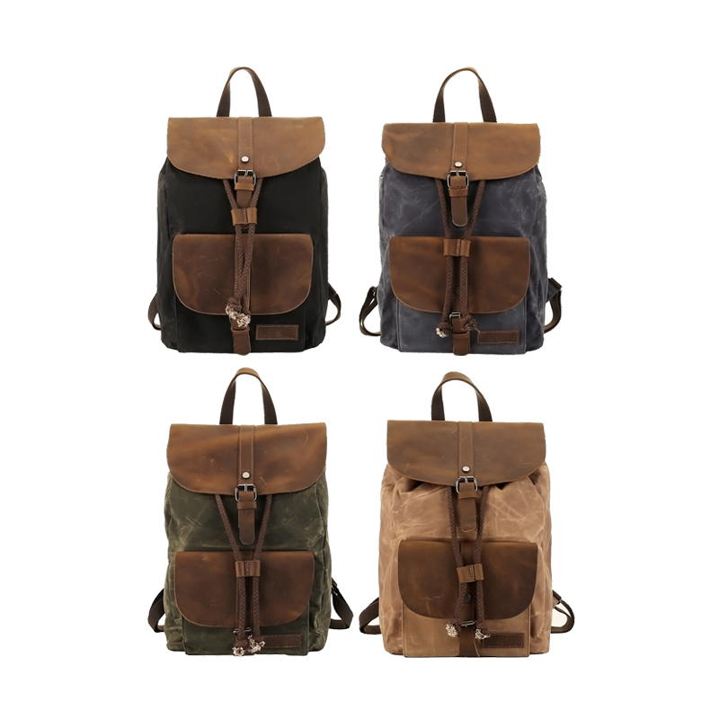 Rucksack aus gewachstem Canvas mit Kordelzug, wasserdichter Rucksack aus echtem Leder