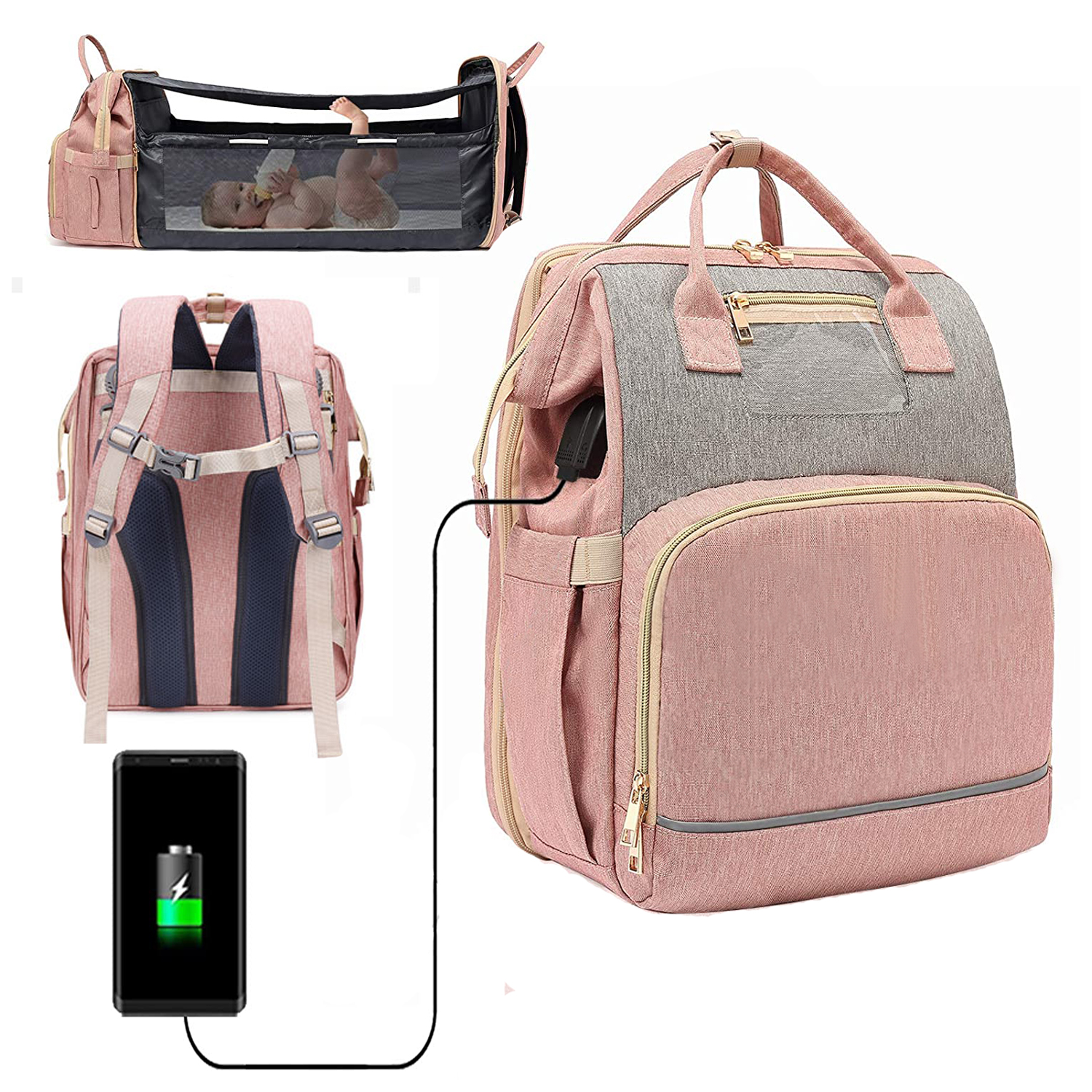 Mumienrucksack USB extra groß Wickeltasche für Babys