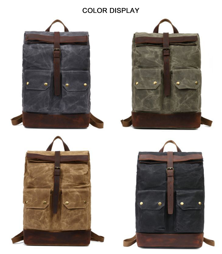 Vintage Herren Laptop Rucksack aus gewachstem Canvas aus echtem Leder