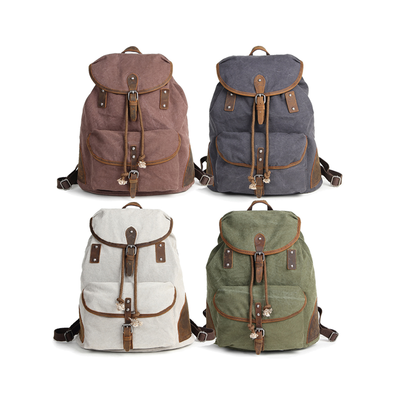 Teenager-Rucksack-Tasche weißer Canvas-Rucksack aus echtem Leder