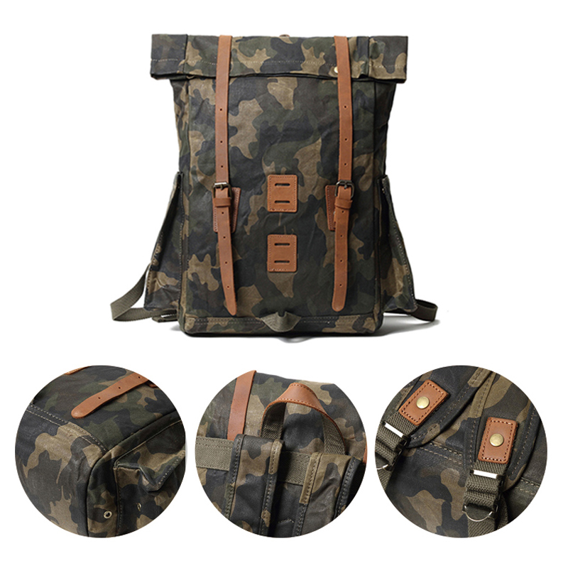 Camo-Leder-Rucksack aus gewachstem Canvas-Rucksack für Männer