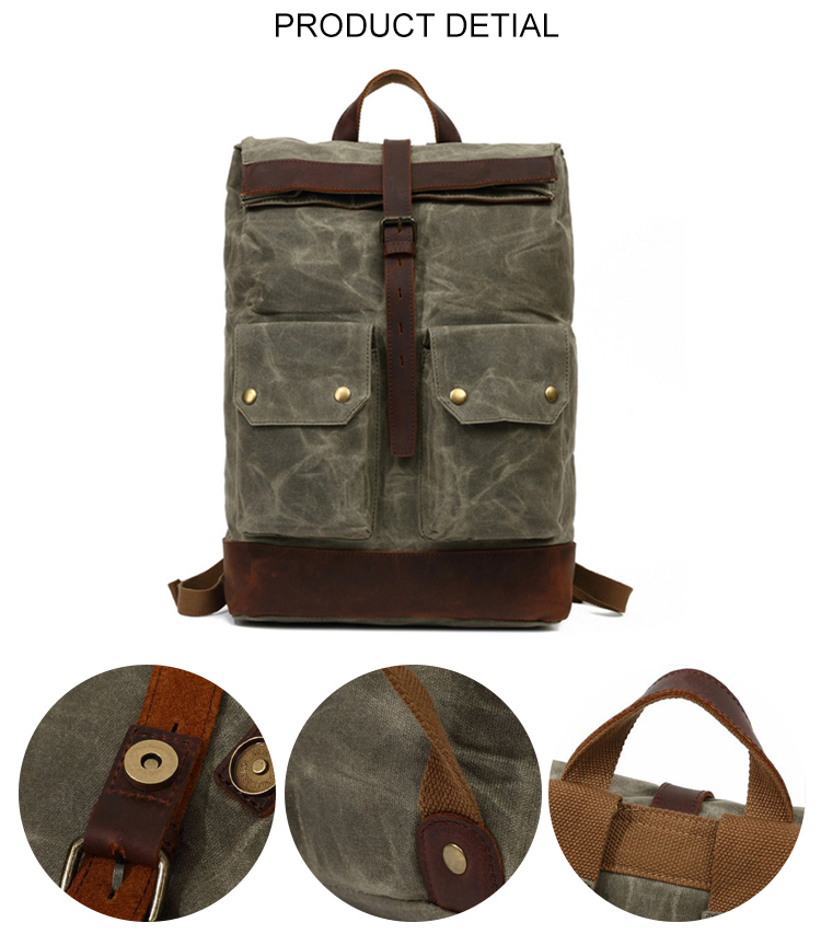 Vintage Herren Laptop Rucksack aus gewachstem Canvas aus echtem Leder