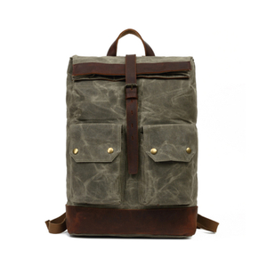 Vintage Herren Laptop Rucksack aus gewachstem Canvas aus echtem Leder