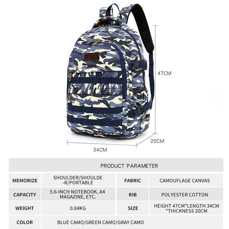 Camouflage Canvas strapazierfähige Laptop-Rucksack für die tägliche Schule